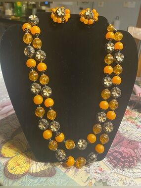 Vintage Beaded Necklace and earring set signed HONG KONG orange black MCM